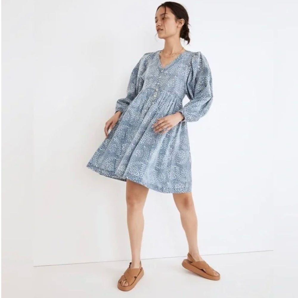 Madewell Bubble-Sleeve Button-Front Mini Dress in Indigo Paisley